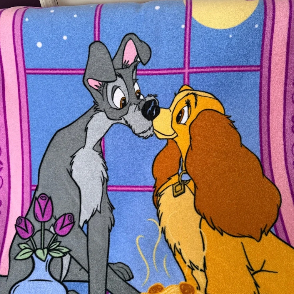 Vintage Disney Lady and the Tramp Blanket Fleece Fringe Purple Pink‎ 37 x 50.5